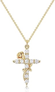 Rose Flower Cross Necklace for Women, Dainty Cubic Zirconia Faith Pendant, Christian Religious Jewel