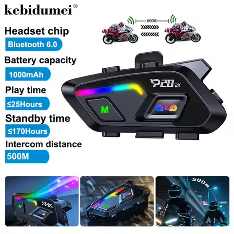 Kebidumei P20 2x Wireless Bluetooth6.0 Motorcycle Helmet Intercom Headset Waterproof 500 m Intercomu