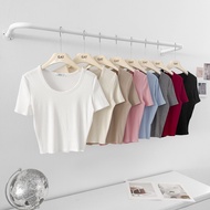 Genuine Korean Stretch Threaded Cool Cotton T-Shirt U-Neck Top T Plain Girls Short Sleeve White GAT 