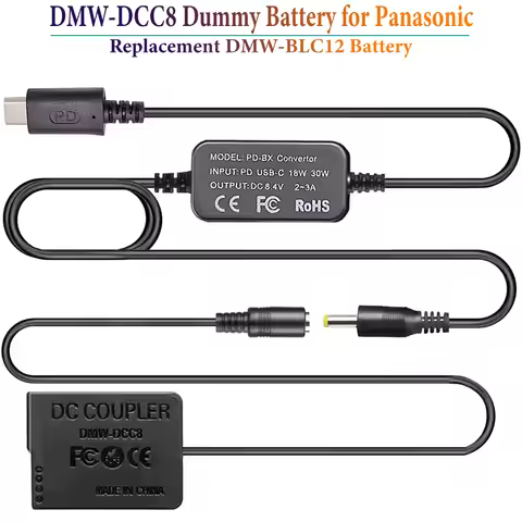 DMW-DCC8 DC Coupler + USB-C AC Power Adapter Set Replace DMW-BLC12 Battery for Panasonic Lumix DMC-F