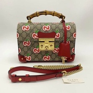 GUCCI 七夕限定竹節手柄櫻桃padlock手提肩背斜背包 22*17*10 98新配件鑰匙塵袋