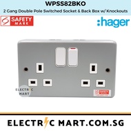 Hager WPSS82BKO 13A 2 Gang Double Pole Switched Socket and Back Box with Knockouts metalclad EAN: 3250617261036
