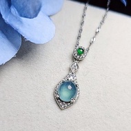 |招財女神|A貨翡翠冰玻大藍剛蛋面8mm純銀鍍18k水滴吊墜