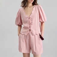 2pcs/Set Women 2025 Summer Solid Color Arched Hem Front Tie Puff Sleeve Top And Shorts Casual Outfit