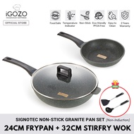 iGOZO Signotec Non Stick Granite Stir-fry Wok Frying Pan Set (24cm, 32cm) [Free Nylon Spatula+Ladle]