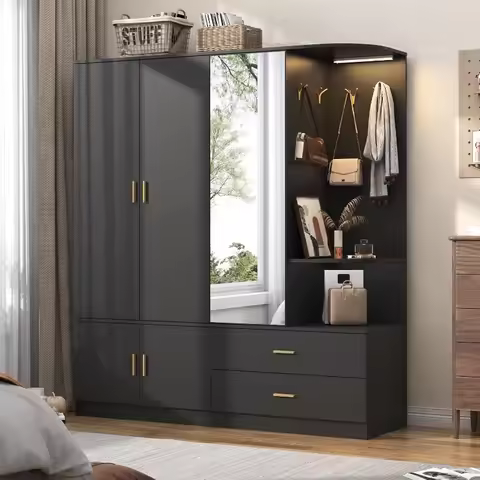XVD Armoire Wardrobe Closet with Mirror & Sensor Light, Bedroom Armoire with 5 Doors & 2 Drawers, Mo