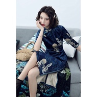 Eroded Pattern Cheongsam Dress - Lightweight Fabric with Narrow Waist Design for Spring