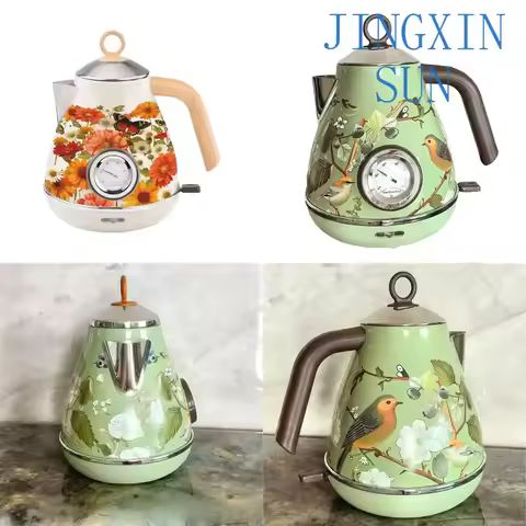 Automatic Power Off Retro Green Paint Decal Electric Kettle for 304 Stainless Steel Thermometer Wate