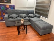 LSHAPE SALA SET GREY FABRIC WITH GLASS TABLE