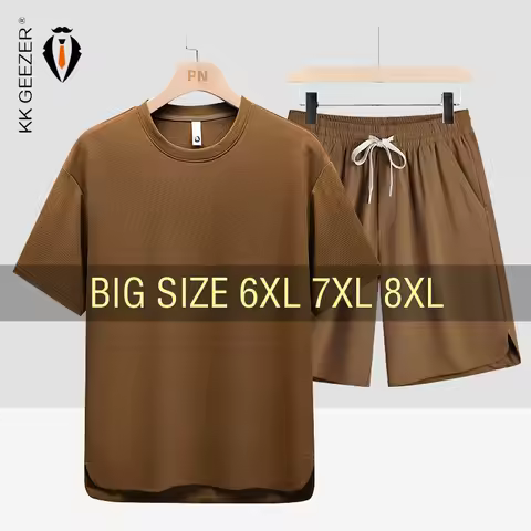 T Shirt Men Set Shorts Suit Oversize 6XL 7XL 8XL Plus Size Quick Dry Silk Short Sleeve Summer T-shir