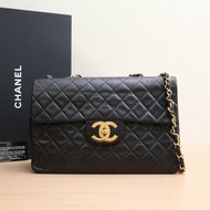 CHANEL 中古黑金羊貝嫂34羊皮2開金扣肩背包