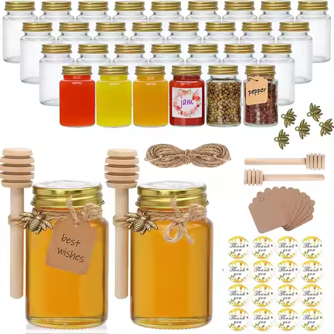 2oz Glass Shot Mini Bottles,Mini Glass Honey jars with Golden Lids,Metal Bees Decoration, Suitable f