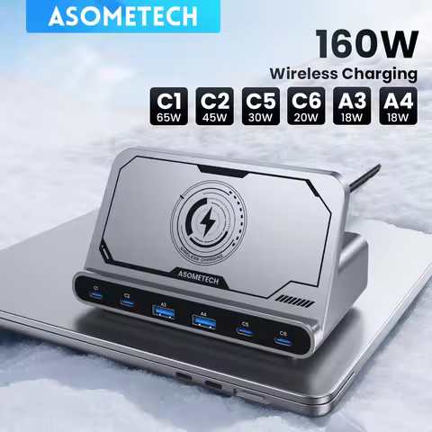 ASOMETECH 160W USB Charging Station 7 in 1 Wireless Charger 65W 45W PPS PD Type C Fast Charge For Ma