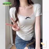ME Design Style Cropped Top, Bow Korean Style Lace Short Sleeve T-shirt,  Plain Lace Low Cut Cropped Top Women