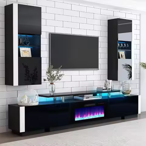 Modern 70 Inch Fireplace TV Stand with LED Lights 2 Tier Console Entertainment Center for 36 Inch Fi