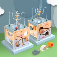 Wooden Activity Cube for Toddlers 5in1 Animal Shape Sorter Bead Maze Montessori Educational Toys Bab