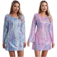 iixpin 70s Women Disco Dress Hippie Costumes Flare Long Sleeve Tie-dye 60's Birthday Outfits  for Ca