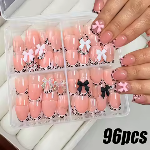 24/96pcs Nude Leopard French Bowknot False Nails Short Round Square Press On Nails Y2K Cute Leopard 
