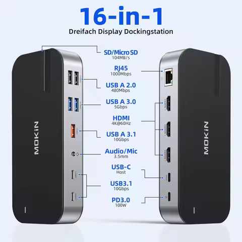 MOKiN 16 in 1 Docking Station USB C Hub 3 HDMI 10Gbps USB 3.1 RJ45 SD/TF Audio PD 100W For MacBook A