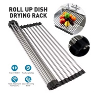 Rak Pengering Barang Dapur/Roll-up Dish Drying Rack Foldable Stainless Steel Over Sink Rack Kitchen Drainer/沥水卷帘厨房水槽沥碗碟架