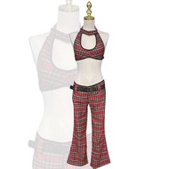 DJ305 singer's outfit red plaid pants Fashion 90s Female outfit: Urgent Grab Delivery Available
