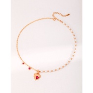IRIS ORIGINAL DESIGN VINTAGE 100% SLIVER series | Red agate heart and pearl necklace |D0341 เครื่องประดับ สร้อยคอ ทอง18K