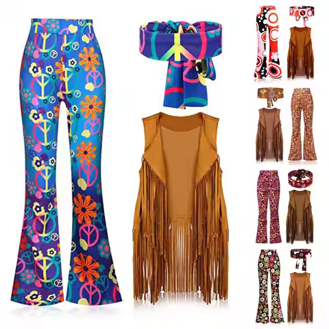 Women Bell Bottoms Set Nightclub Costume Retro Flared Pants Tassel Waistcoat Headband Set 70s Style 