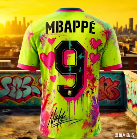Mbappe graffiti No. 9 jersey pink commemorative card football jersey boys and girls quick-drying T-s