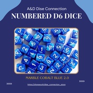 1pc. Numbered D6 Marble Cobalt Blue 2.0 Dice 16mm (sold per piece)