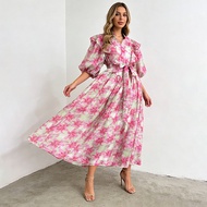 VUM9 Women's 2026 V-Neck Puff Sleeve Lace-Up Midi Dress
