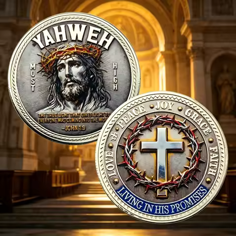 Yahweh Jesus Christ Challenge Coin John 1:9 Bible Verse Cross Crown of Thorns Christian Commemorativ