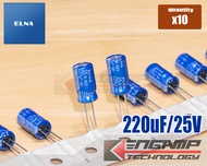 (10ตัว) [E-CAP] 220uF/25V 85C ELNA RE3 8x12mm P=5mm บางล๊อต 6.3x12mm