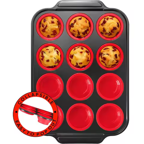 LMETJMA Collapsible Silicone Muffin Pan 12 Cups Egg Bites Cupcake Pan with Metal Frame Nonstick Muff