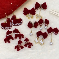 New diamond-encrusted red flocked bow earrings, fashionable and versatile earrings
