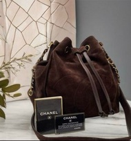 🩵全套配件FULL SET🩵Chanel Vintage Bucket Bag - Brown Suede Leather Cocomark Logo Gold Chain Shoulder Bag 