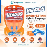 HEAROS SoftStar EZ Twist Hybrid Earplugs NRR30 | Corded No-Roll Stem | Sleep Work Travel Train | USA
