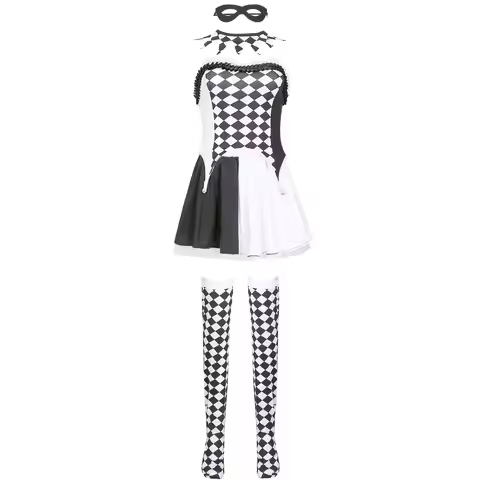Black White Clown Dress Carnival Halloween Joker Cosplay Costume Day of The Dead Outfit Women Burnin