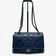 CHANEL 藍色銀扣風琴肩背斜背鏈條包 24.5*16*10 9新配件塵袋