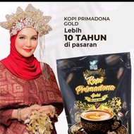 DHERBS KOPI PRIMADONA GOLD 3-in-1 Coffee - Black packaging with gold accents - Coffee cup with latte