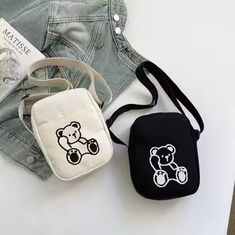 SUSU 1PC Cute Bear Embroidered Canvas Crossbody Bag Mini Shoulder Bag For Women Casual Daily Travel 