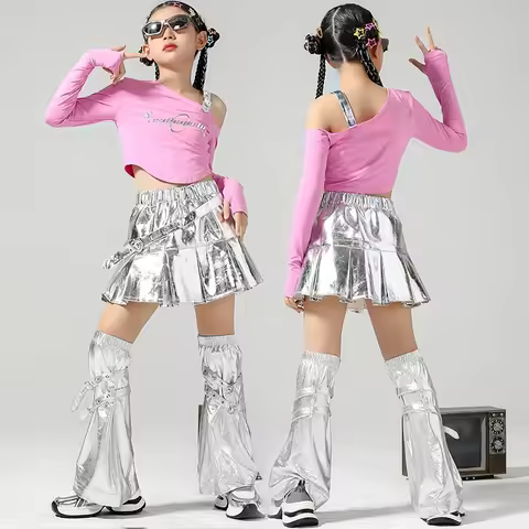Girls Kpop Jazz Dance Outfit Pink Tops Silver Skirt Children Street Dance Performance Costume Hip Ho
