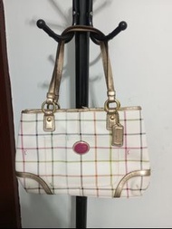 Coach Peyton 肩包女 Coach F19176 Peyton Tattersall Plaid Satchel Tote Coated Canvas Coach
