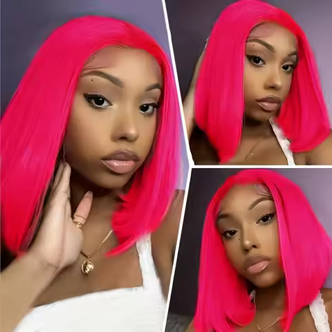short straight wig hot pink color Black Friday Halloween 13x4 frontal lace bob human hair wig for wo