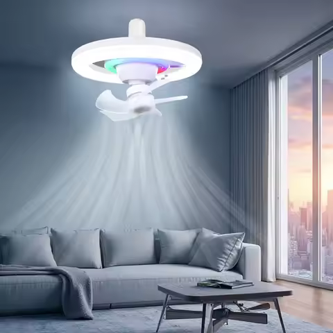 E27 Ceiling Mounted Fan Light Ceiling Fan RGB/White/Warm Lights Automatic Shaking Head Remote Contro
