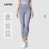 Lovito Summer Plain High Waist Sports Yoga Pants Compression Leggings for Woman L02044 (Light Blue/P