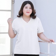 300斤夏季大码V领短袖女装胖mmT恤加肥加大宽松纯色百搭大码上衣Fat pulssize oversize T-shirts