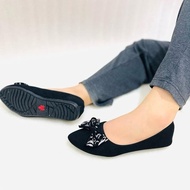 DF105 >> Women's Flat Shoes with Double Ribbon Black Rubber Work Shoes