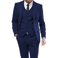 YQ2 Grey Herringbone Men Suit Tweed British Style Custom Made Male Suit Slim Fit Blazer Wedding Suits for Men 3 Pieces