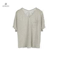 เสื้อยืดแขนสั้นลายทาง OIKOS2024 สำหรับผู้หญิง ฤดูร้อน 2024 เสื้อยืดคอกลม ผ้าผสมโพลีเอสเตอร์และ Visco