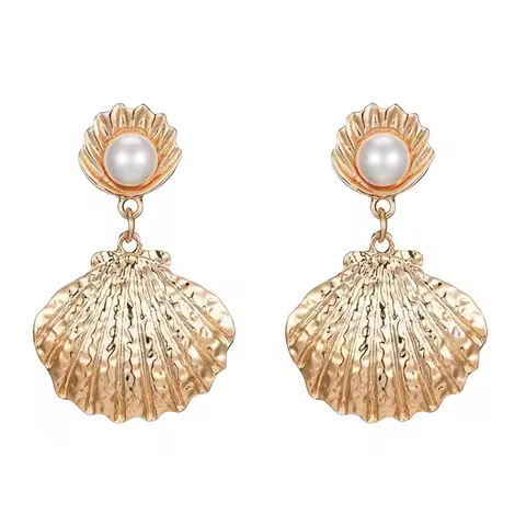 AOA-Simulated Pearl Big Alloy Shell Drop Earrings Women Fashion Jewelry Gold Color Beach Statement B